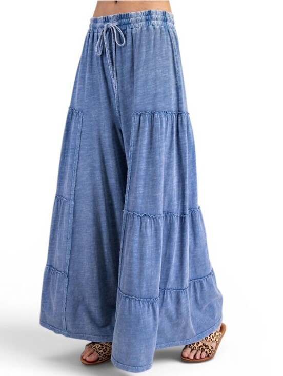 easel Pants - Easel Mineral Washed Tiered Pants Washed Denim Blue New